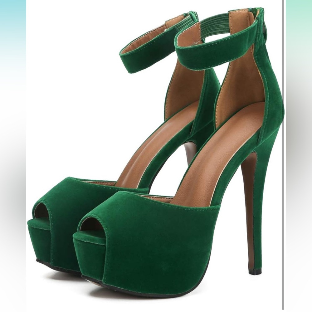 Emerald Green Velvet Peep Toe Pumps